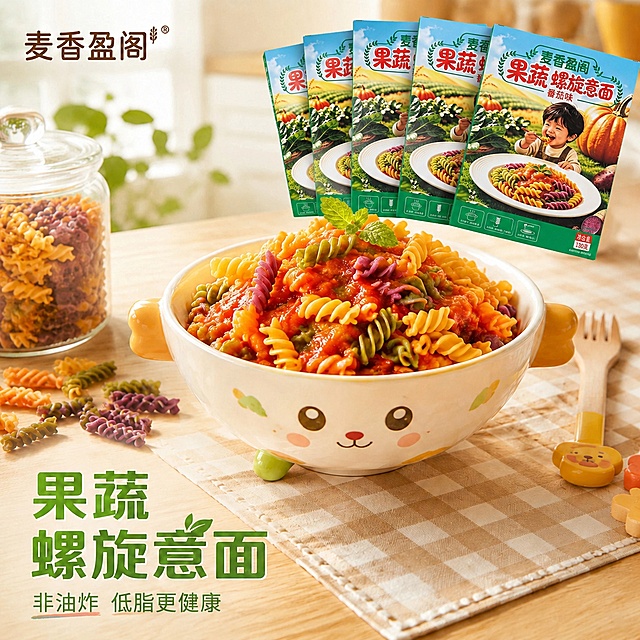 修改这张主图，在画面右上角空白区域添加5盒麦香盈阁果蔬螺旋意面包装盒，仿照参考图排列成扇形错开摆放，包装盒设计与提供的包装盒图片保持完全一致。保留原图所有元素：中间卡通熊碗里的三色螺旋意面，左侧玻璃罐干意面，桌面散落干意面，左上角品牌麦香盈阁，左下角文字果蔬螺旋意面 非油炸 低脂更健康，整体温馨厨房场景。保持光影一致，暖调自然光，包装盒光影和原图协调融合，比例大小合适，不遮挡中心意面主体，整体和谐自然，商业食品摄影质感。所有文字保持清晰不变形。