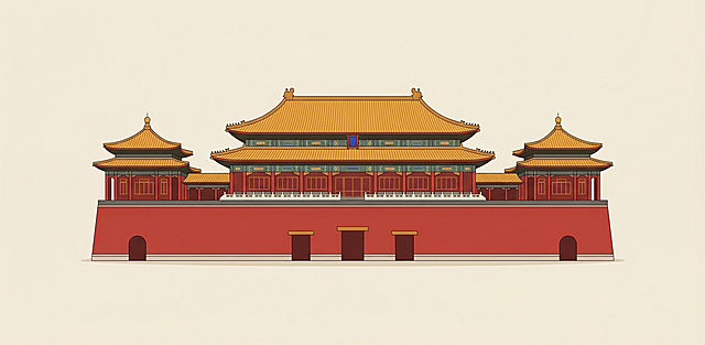 故宫坤宁宫，严格保持坤宁宫真实建筑形态，参考图提供的国潮扁平插画风格，浅米黄底色，红墙黄瓦，干净简约单建筑居中构图