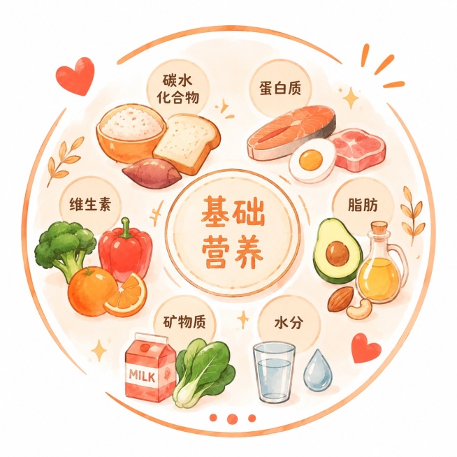 沿用参考图的水彩手绘风格，暖橙色和红色系配色，圆形构图，主题为基础营养，绘制常见基础营养元素，保留简约温馨的医疗健康插画风格预览效果