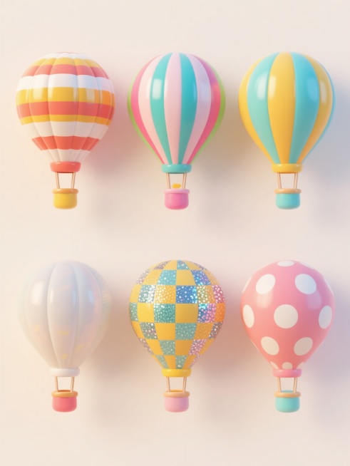 6个不同样式、不同材质的热气球元素，采用上下两行对齐排列的布局，每个热气球都具有圆润饱满的造型和鲜艳明快的色彩搭配，浅色背景，整体呈现出简洁、活泼、童趣的设计风格，热气球的材质包括条纹布艺、光滑漆面、磨砂质感、亮片装饰、格纹图案和波点纹理，每个热气球都有独特的色彩组合和细节设计，整体画面充满了欢乐和梦幻的氛围。预览效果