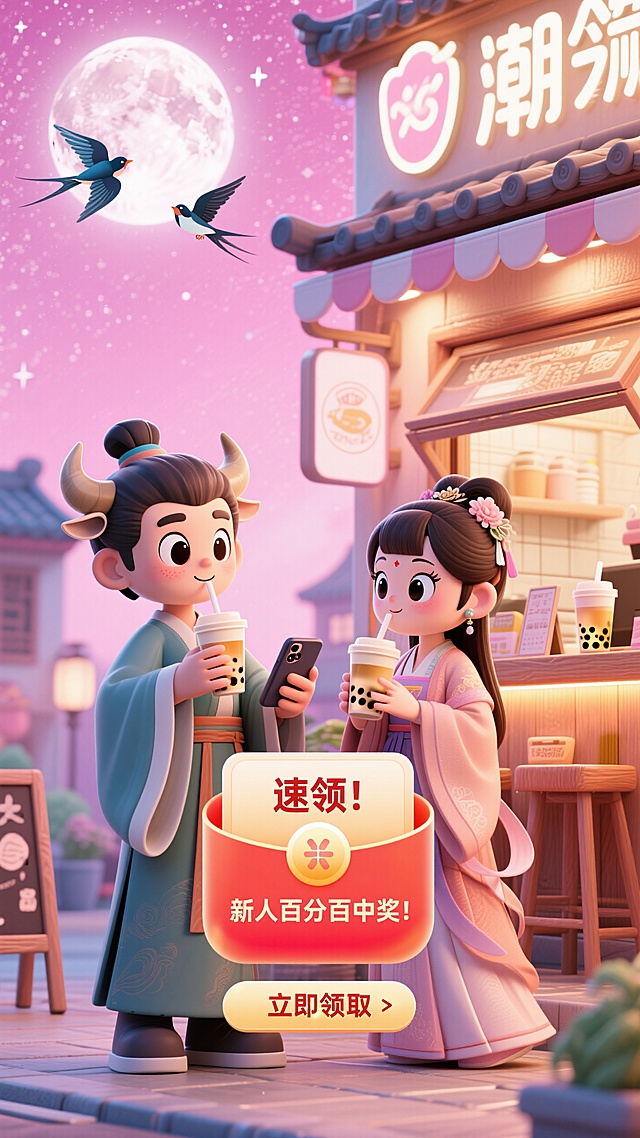 奶茶店门口，牛郎和织女在喝奶茶刷手机，人物古装扮相大眼睛，浪漫感浅粉色星空，月亮悬挂空中，远处两只喜鹊飞过
中间弹窗一个红包
文案示例：
速领！新人百分百中奖！

底部悬浮“立即领取”按钮

规格：竖版，尺寸：1080*1920