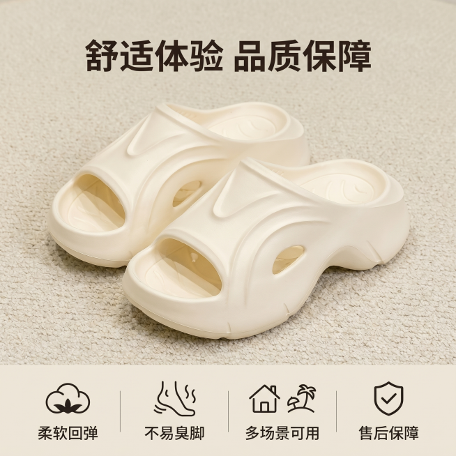 [主图 7] 米白色厚底拖鞋服务与规格承诺图。氛围风格：简洁大气信任感；画质：商业摄影质感、清晰干净、光线通透；元素：拖鞋居中展示，下方横排服务承诺图标和文字，包含「柔软回弹」「不易臭脚」「多场景可用预览效果