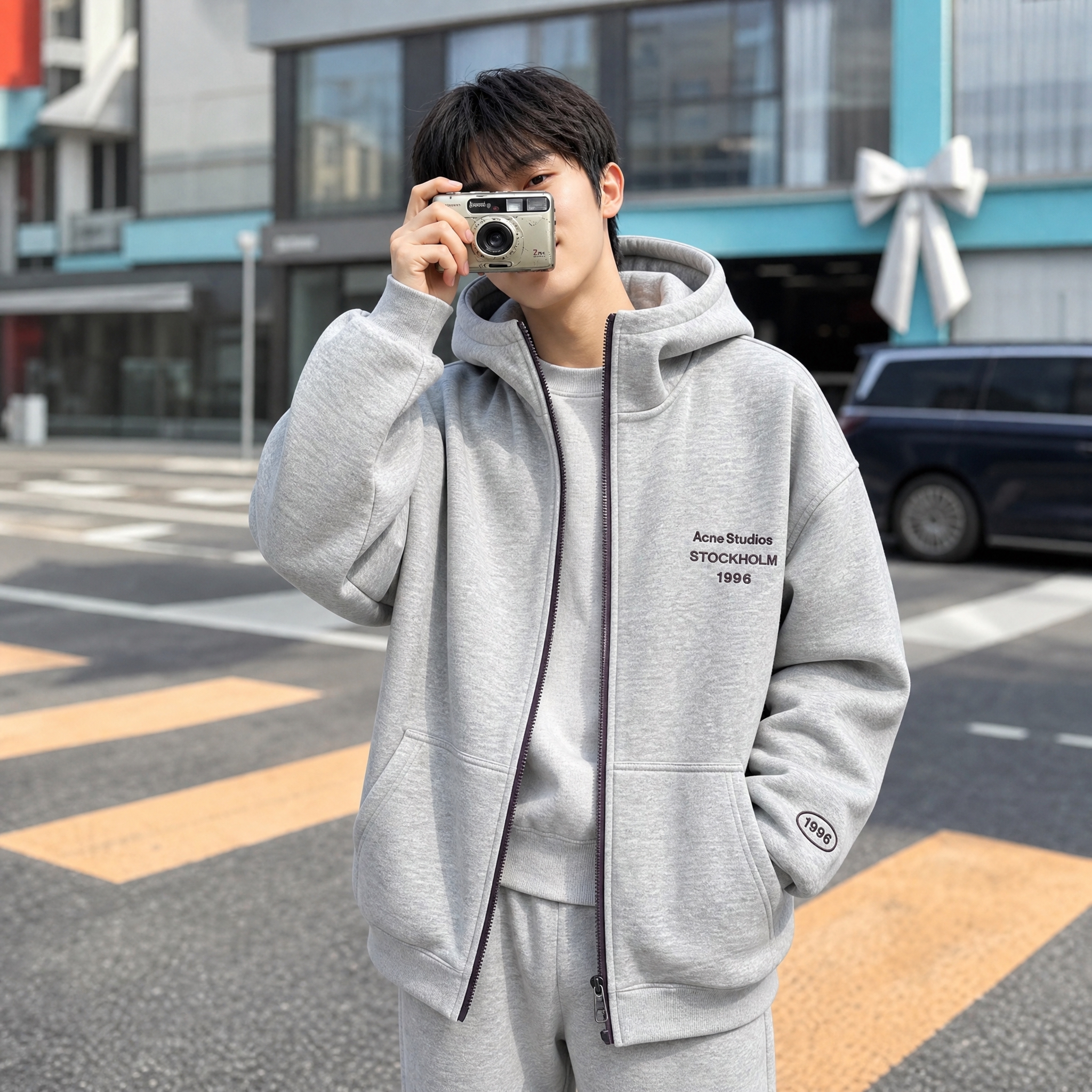 [主图-1] 浅灰色连帽棉服正面模特穿搭展示，手持相机道具增加… - 图片创意预览