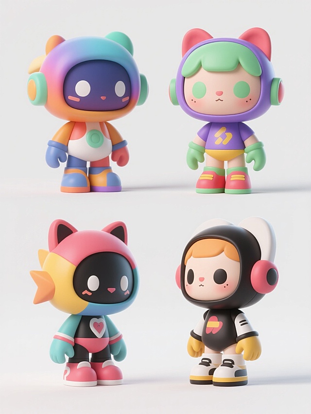 一组4个不同配色、不同样式、不同材质的潮玩元素，采用干净风格，符合现实逻辑，适用于素材使用。每个潮玩元素都具有鲜明的色彩对比，造型独特且富有动感，材质表现丰富多样，整体设计简洁明快，细节精致，视觉效果突出，能够快速吸引注意力并清晰传达设计主题。