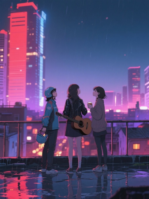 动漫风格：
三位年轻女性背对背站立在城市天台边缘，背景是深夜的都市霓虹（红、蓝、紫光交织），脚下是雨后湿漉的地面，倒映着模糊的灯火。左侧女孩穿外卖服，手握头盔；中间女孩穿皮夹克，抱着断弦吉他；右侧女子预览效果