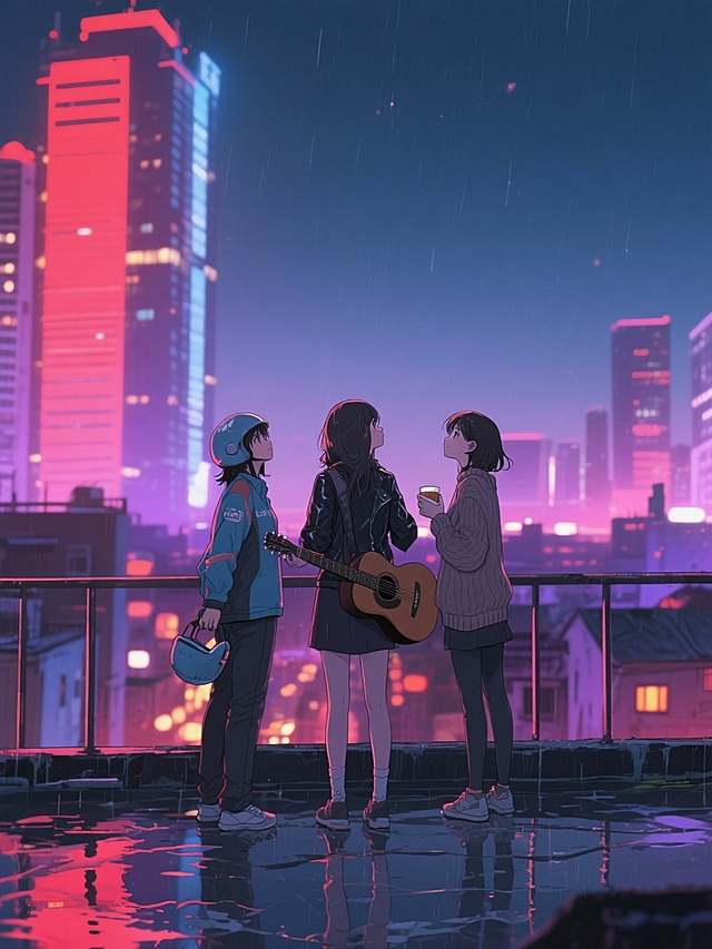 动漫风格：
三位年轻女性背对背站立在城市天台边缘，背景是深夜的都市霓虹（红、蓝、紫光交织），脚下是雨后湿漉的地面，倒映着模糊的灯火。左侧女孩穿外卖服，手握头盔；中间女孩穿皮夹克，抱着断弦吉他；右侧女子穿针织衫，手中捧着一杯热水。她们抬头望向天空，脸上有光。远处是城中村与高楼的交界线。风格：电影感、现实主义、低饱和度、情绪张力强，突出“女性力量与城市孤光”。