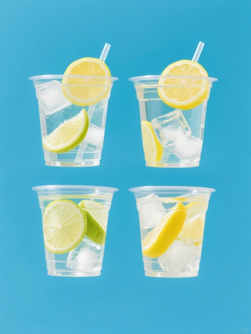 四组规整排列的清爽画面，每组皆为纯色背景下，一只透明塑料杯盛着不同造型样式与口味的柠檬水，杯内悬浮多样新鲜切片，覆透明盖插半片对应水果，棱角分明冰块折射晶莹光斑，明亮通透质感尽显，高饱和度色调带来活力，清晰展现柠檬皮纹理与冰块棱角，整体夏日气息满溢预览效果