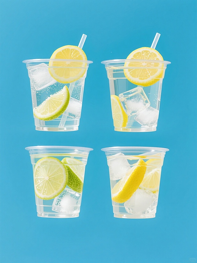 四组规整排列的清爽画面，每组皆为纯色背景下，一只透明塑料杯盛着不同造型样式与口味的柠檬水，杯内悬浮多样新鲜切片，覆透明盖插半片对应水果，棱角分明冰块折射晶莹光斑，明亮通透质感尽显，高饱和度色调带来活力，清晰展现柠檬皮纹理与冰块棱角，整体夏日气息满溢
