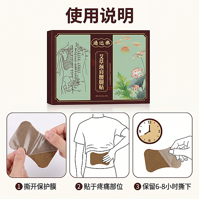 「图片1」，生成一套主图（9张），商品名称：通达弗艾草颈肩腰腿贴！ 颈椎不好来一贴有富贵包来一贴跌打损伤来一贴睡觉落枕来一贴腰腿疼痛来一贴肩周炎痛来一贴风湿关节来一贴痛经宫寒来一贴 哪儿痛贴哪儿，随贴随走，贴的舒心，贴的健康。贴6~8个小时撕掉。  中草药、蕲艾、精油秘制而成，赶走疼痛，通经活络，祛风散寒，化瘀止痛电 专通经活络祛风散寒化瘀止痛对颈椎病，肩周炎。  腰肌劳损，腰椎间盘突出症，腰椎管狭窄症，急性腰扭伤。 原发性骨质疏松症，颈腰椎骨质增生。 膝骨关节炎，膝关节滑膜炎，踝关节扭伤。 跟痛症，骨质增生，手足麻木。 四肢疼痛，坐骨神经疼痛。关节疼痛，筋骨疼痛。跌打损伤，关节炎，腱鞘炎，肌腱炎， 筋膜炎骨关节疼痛等症都有很好的效果√把以上功效用在虚拟人物上，把拆开的药贴PS在虚拟人物上，并做一些微信朋友圈可以发送的图片宣传广告等，适配小红书平台，主图比例为1:1