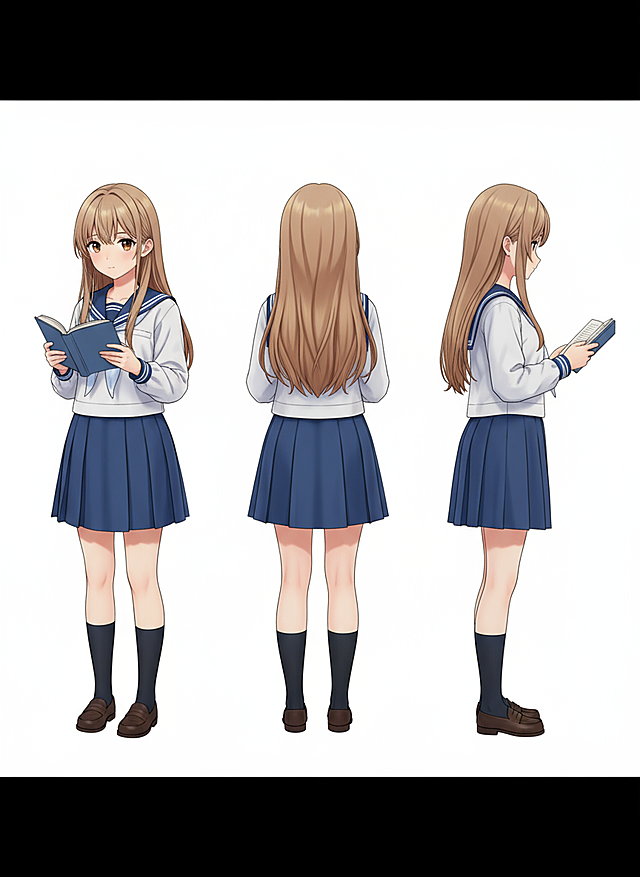 清新甜美动漫风，少女校服阅读，简洁线条展现青春活力。