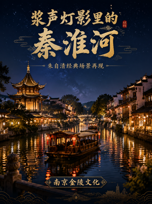 南京秦淮河文化宣传海报，以夜景为主，画面上方大字标题“浆声灯影里的秦淮河”，副标题“朱自清经典场景再现”，画面展示秦淮河上画舫游船、两岸古风徽派建筑和飞檐亭子，河水倒映暖黄色灯火，深蓝色夜空点缀星光，预览效果