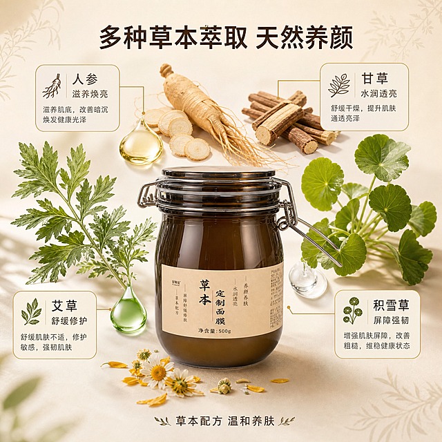[主图-2] 核心功效与成分解析，突出多种草本萃取成分及对应养颜功效，专业成分背书。
[统一基调] 天然草本护肤风格，整体暖米白+浅草木绿主色调，点缀深棕与金色，干净非衬线中文字体，标题深棕色粗体，辅助文案深灰色，卡片用浅米色圆角细线边框，高级柔光静物摄影质感。
[画面] 画面中央偏下位置放置500g规格草本定制面膜罐（棕色玻璃卡扣罐，米黄标签），主体占比约40%。产品上方与四周悬浮多种真实草本原料与提取物：左侧是新鲜艾草叶片与绿色精油水滴，右侧是积雪草植株与透明精华液滴，上方是人参切片与甘草根，下方是金黄洋甘菊花瓣。每种草本成分旁用细引线连接至对应的功效小图标与文字，形成成分环绕解析布局。背景为浅米色渐变，带有极淡的草本纹理暗纹。
[光影质感] 商业摄影质感，柔和自然光从上方洒落，草本叶片有自然通透感，精油水滴晶莹剔透，产品罐身有真实玻璃反光与底部接触阴影，整体温润自然。
[配色] 主色暖米白+自然草木绿，标题深棕色，成分功效文字深灰色，引线用浅金色，草本植物保持真实自然色彩，整体色调与首图统一。
[文字版式] 画面顶部居中主标题「多种草本萃取 天然养颜」，深棕色粗体最大字号；下方分布四组成分功效卡片，每组含小图标+成分名+功效短句：「艾草 舒缓修护」「积雪草 屏障强韧」「人参 滋养焕亮」「甘草 水润透亮」，卡片为浅米色圆角细线边框，深灰色文字，字号为主标题的40%。产品罐下方标注「草本配方 温和养肤」小字。文字均放在负空间，不遮挡产品主体与核心成分展示。
[输出要求] 1:1正方形比例，2K分辨率，产品外观与输入图一致，成分真实自然，文字清晰可读，无错字，无水印，无平台Logo，专业高级。