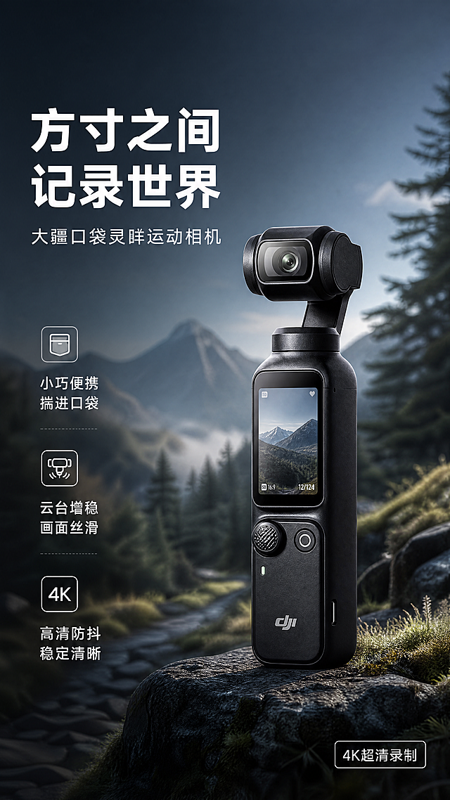 [第1屏] 详情页头图-大疆pocket口袋运动相机产品宣传海报。本屏使用【图1】作为版式参考，保留商品结构轮廓，替换商品主体为大疆pocket运动相机。
[氛围/风格] 现代科技风，户外旅行使用场景，商业摄影质感，画面高级专业，简洁大气。
[元素布局] 大疆pocket运动相机放置在画面右侧区域，占据画面65%-70%主体位置。保持大疆pocket口袋相机小巧长方形机身、手持云台一体结构、黑色外观材质与原商品一致。背景展示户外旅行徒步场景，包含远山、林间小路、清晨薄雾，左侧预留充足的文字区域，整体构图饱满有层次。
[光影质感] 左侧柔和自然光从斜前方照射，突出相机机身磨砂质感，右侧自然环境光烘托场景氛围，阴影过渡自然，产品轮廓清晰真实。
[配色色系] 全局底色：#1A202C（深灰蓝）；主体配色：#111111（机身黑）+ #E2E8F0（浅银装饰）；辅助色：#A0AEC0（远山灰）+ #FFFFFF（文字白）。
[视角构图] 正面45度斜侧视角，景深适中，主体产品突出，文字在左上区域竖向排布，符合移动端从上到下的阅读动线。
[文字版式] 左上区域排版，主标题「方寸之间 记录世界」白色加粗大字，左对齐，字号约占画面宽度10%，不遮挡主体产品。副标题「大疆口袋灵眸 云台运动相机」白色常规字，字号为主标题的40%，主标题下间隔排布。左下角三个功能图标加双行卖点：「小巧便携」揣进口袋，「云台增稳」画面丝滑，「高清防抖」稳定清晰，图标浅灰色，文字白色，每行不超过8字，清晰可读。右下角角标「4K超清录制」白色小字配浅灰细线框。
[比例分辨率] 9:16竖版比例，4K分辨率，文字清晰可辨，超高清。
[负向提示词] 产品变形，结构错误，缺件错件，颜色偏差，水印，文字错乱，产品图模糊，背景杂乱，违规极限词，诱导按钮。