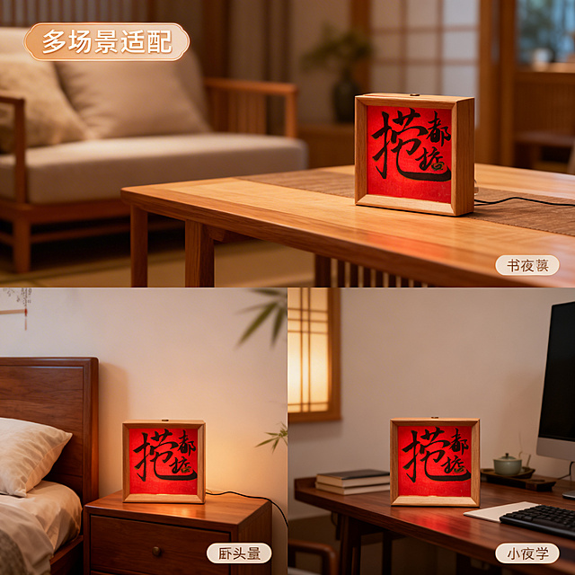 多场景展示，书法小夜灯展示图，产品外观与原图保持一致。采用上下分屏布局，上半部分展示放置在客厅茶几日式原木桌面，下半部分左右两格分别展示放置在卧室床头柜和书房书桌，三个场景都保持新中式简约禅意风格，浅景深虚化背景，整体氛围温馨治愈。文字文案 "多场景适配" 悬浮于画面左上角，每个场景标注对应名称，保持整体风格和光影与前几张主图统一，完全保留产品外观细节。