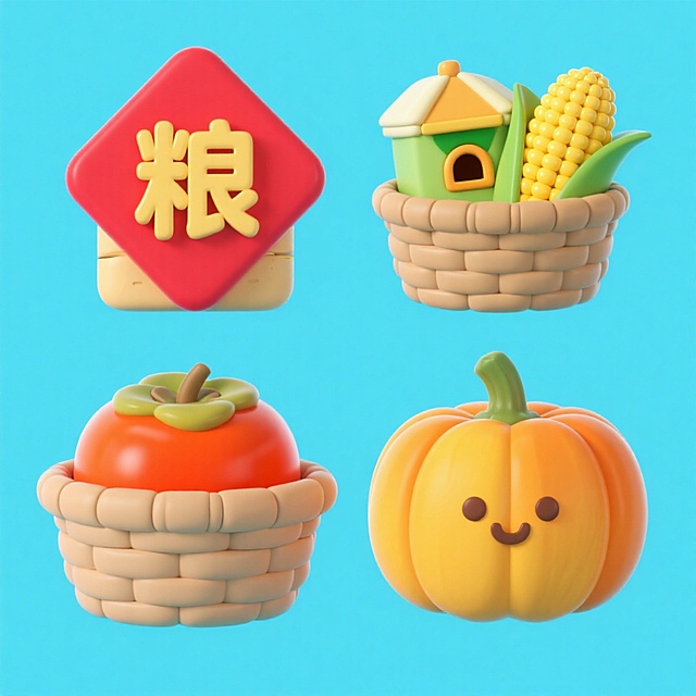 4个中秋素材组合，可爱电商促销感。素材包括：第一个粮仓（贴着带有 “粮” 字的红色菱形福字）；第二个一筐玉米；第三个一筐柿子；第四个南瓜。画面整体呈现鲜艳效果，淡蓝色背景。上下两行，排列整齐