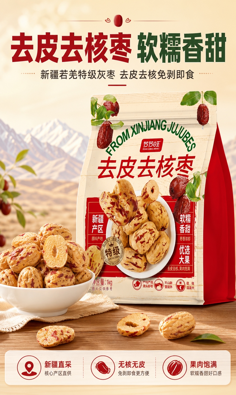 [商品] 使用【图1】节节旺特级去皮去核枣1kg装产品图；保留… - 图片创意预览