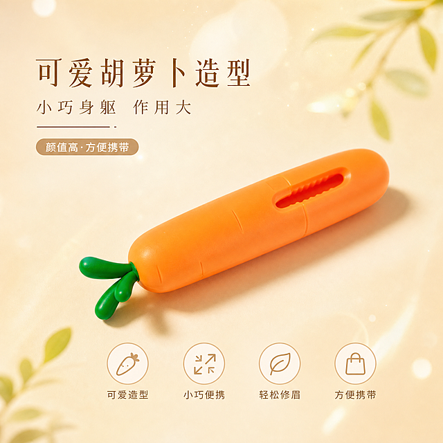 结合参考图，突出产品外观卖点：可爱胡萝卜造型，颜值高，小巧身躯作用大，方便携带。整体风格为清新治愈风，氛围温暖治愈，简化装饰和背景元素，适当装饰氛围，不改变产品外观，突出产品本身，生成1:1正方形图片
