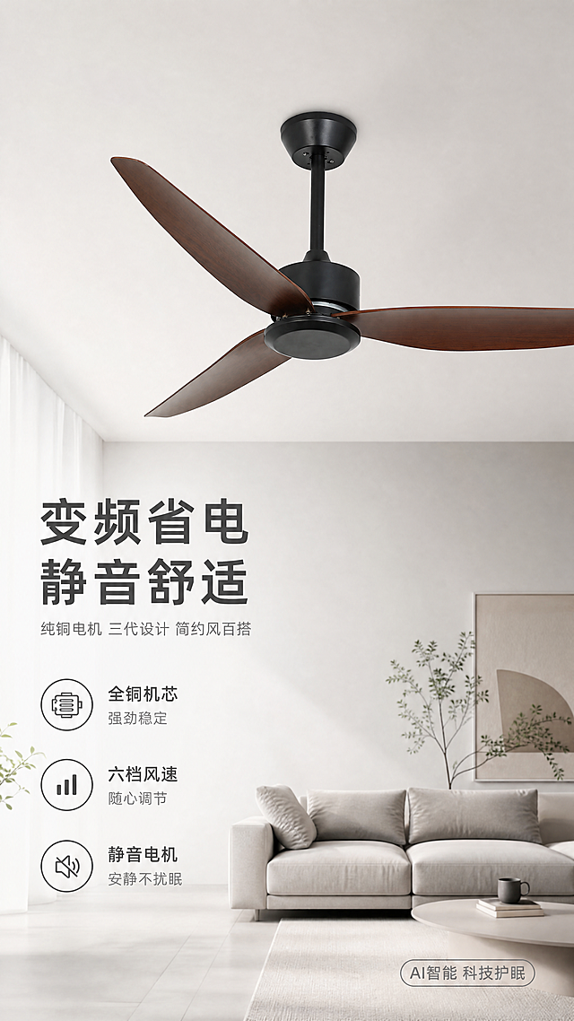 [第1屏] 详情页头图-黑胡桃木色三叶直流吊扇新品宣传海报。本屏使用【图2】作为商品主体，【图1】作为版式和风格强参考。
[氛围/风格] 简约北欧风，浅灰色现代客厅场景，温馨自然，商业摄影质感，干净高级。整体风格和排版参考图1，保留参考图的版式结构和标题位置。
[元素布局] 黑胡桃木色三叶吊扇安装在现代客厅天花板上，占据画面中心60%-70%主体区域。保持产品的物理结构：黑色电机和吊杆，三片胡桃木色叶片，轮廓比例、材质纹理、颜色与用户输入产品图完全一致。背景为浅灰色墙面和浅色布艺沙发，角落放置绿植装饰，地面为浅灰色哑光地砖，整体空间干净明亮。
[光影质感] 顶部自然光漫射，产品边缘清晰，叶片木纹材质有自然光影层次，整体明暗均匀，背景柔和不抢主体。
[配色色系] 全局底色：#F8F8F8（浅灰白）；主体配色：胡桃木棕#8B5A2B + 电机黑#222222；辅助色：浅灰#EEEEEE + 深灰#555555文字。
[视角构图] 仰视视角，主体居中偏上，画面左侧预留文字区域，整体竖向构图，符合移动端阅读习惯。
[文字版式] 左侧排版主标题+副标题+底部三个卖点图标。主标题「变频省电 静音舒适」，粗体深灰色，左对齐，字号约占画面宽度8%。副标题「纯铜电机 三代设计 简约风百搭」，浅灰色小号字，主标题下方左对齐。底部三个卖点图标分别对应：「全铜机芯」「六档风速」「静音电机」，每个卖点配小图标+两行文字，左对齐排列，不遮挡产品主体。右下角加小角标「AI智能 科技护眠」，小字浅灰。文字保持清晰可辨，移动端可读。
[比例分辨率] 9:16竖版比例，宽度1080px，高度1920px，4K分辨率，文字清晰可辨。
[负向提示词] 产品变形，叶片数量错误，颜色偏差，结构错误，木纹模糊，文字错乱，水印，背景杂乱，产品外观改变，缺件错件。