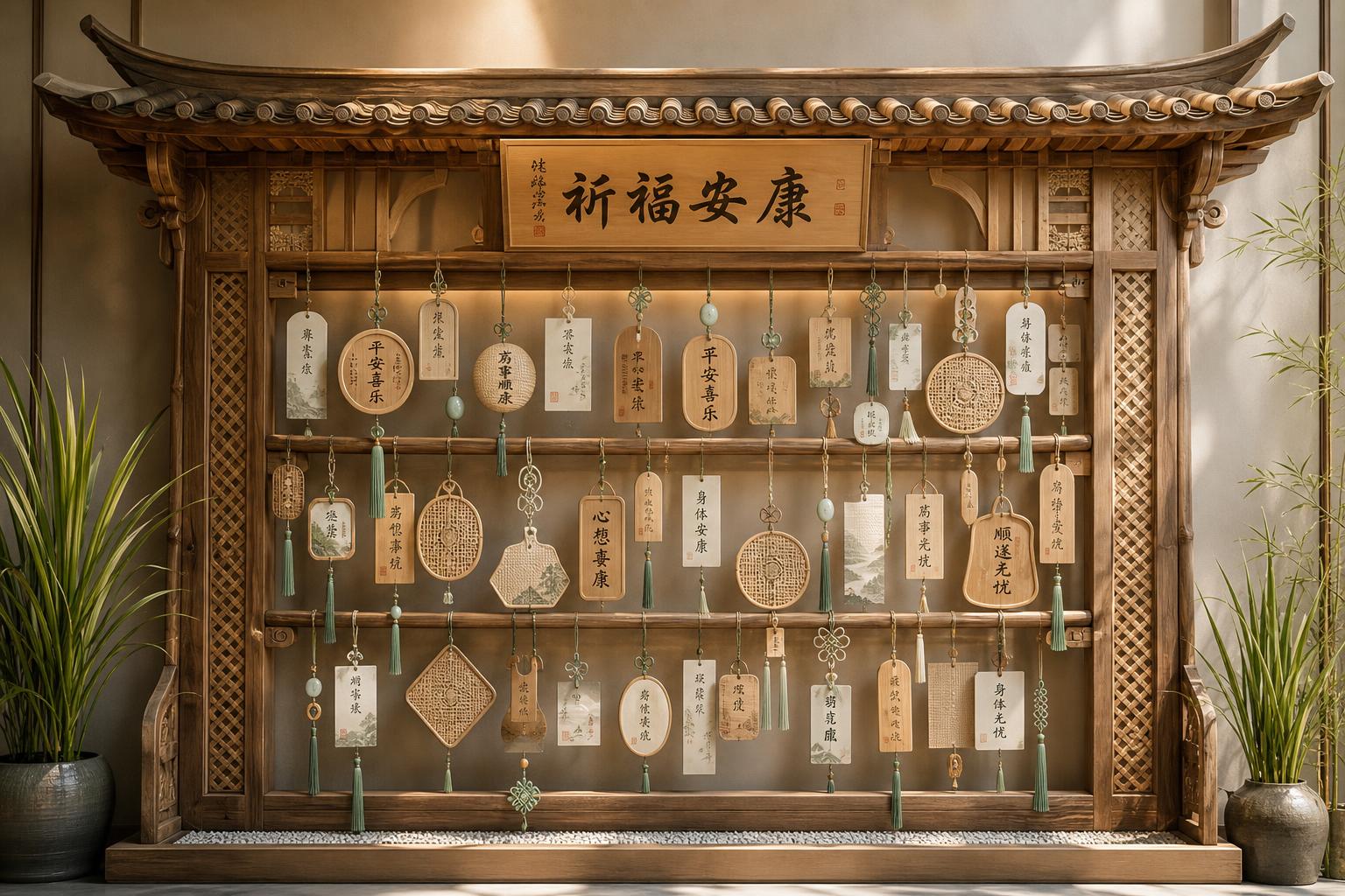 设计一个宋韵美学祈福牌悬挂墙架，高2米宽3米横版比例。宋式新中… - 图片创意预览
