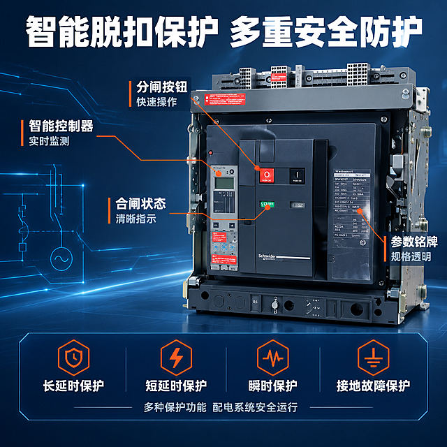 [主图-2] 核心性能亮点图，主题为智能脱扣保护系统 多重保护 安全可靠。
[统一基调] 工业科技风，深蓝灰主色调，深灰蓝渐变背景，标题白色粗体无衬线字体，辅助文字浅灰色，强调色为橙红色，整体专业严谨高信息密度满版构图，字体统一为方正硬朗无衬线体。
[画面] 断路器主体位于画面右侧，微侧视角，占画面约55%，重点展示左侧智能脱扣器显示屏区域。左侧为技术说明区，主体周围有4条引线标注指向关键部位：1.指向智能控制器显示屏 2.指向红色分闸按钮 3.指向绿色合闸指示 4.指向右侧参数铭牌区域。上方大标题，下方有参数数据块。背景为深蓝色科技感背景，带有淡蓝色电路原理图装饰。
[光影质感] 商业工业摄影质感，主光柔和均匀，智能控制器显示屏区域有重点光照突出细节，产品金属部分反光自然，黑色壳体质感细腻，整体光线明亮。
[配色] 背景深蓝灰渐变，标题白色，引线标注文字白色带引线，强调数据用橙红色，产品保持原图配色。
[文字版式] 顶部主标题：「智能脱扣保护 多重安全防护」，白色粗体大字。4条引线标注分别为：「智能控制器 实时监测」「分闸按钮 快速操作」「合闸状态 清晰指示」「参数铭牌 规格透明」。左下方参数数据块：「长延时保护 短延时保护 瞬时保护 接地故障保护」四列排列，每列上方图标下方文字。底部小字说明：「多种保护功能 配电系统安全运行」。
[输出要求] 1:1正方形，文字清晰锐利，产品清晰不变形，无错字，无杂乱元素，无水印，无平台Logo，产品外观结构颜色与输入图一致。