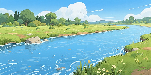 清新水彩插画风，蓝天绿地映衬河流，自然和谐，充满生机。