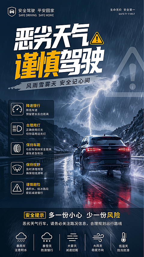 台风暴雨恶劣天气汽车安全出行警示微信朋友圈小红书宣传海报