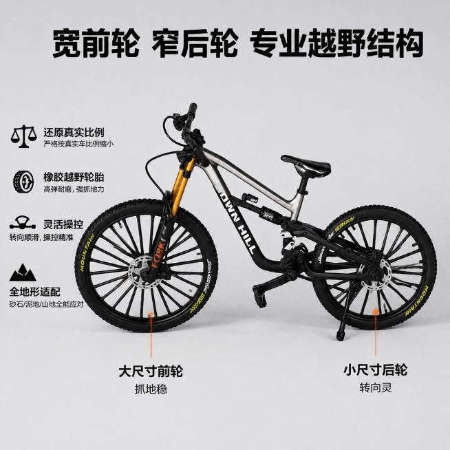 按照上面要求把这个黑色车子出10张图，不同场景的，场景可以换一下，效果要求一致，同时注意这个车子前面车胎大后面车胎小，可以把这个特点优点标注出来预览效果