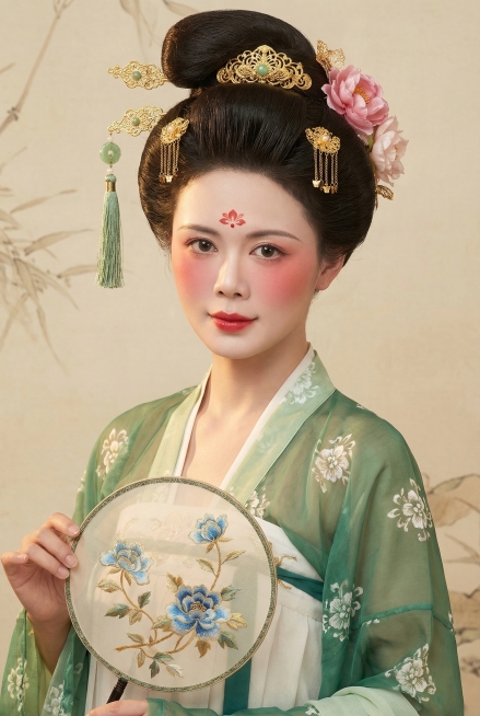 图中人物五官不变，年轻东亚女性胸像古风人像，梳着唐代高发髻（堕马髻），发间点缀着精致的金色花丝发饰、绿色玉坠流苏步摇与粉色花朵发饰。妆容是典型的唐代仕女妆：白皙瓷肌，脸颊晕染红妆，唇色红润，额头有红色预览效果