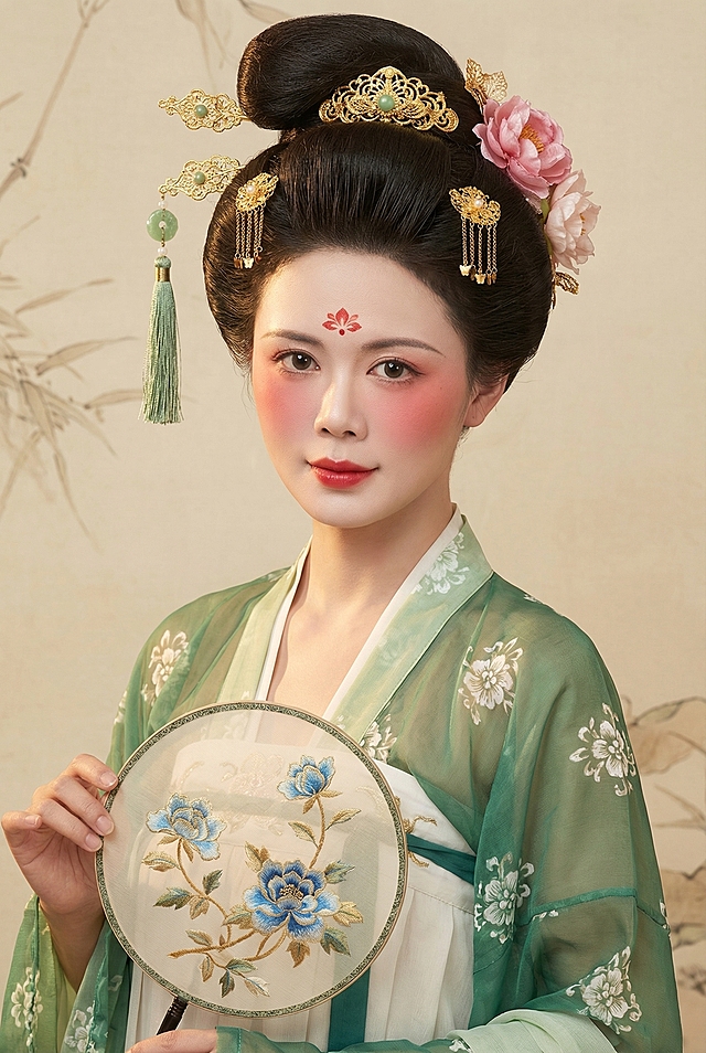 图中人物五官不变，年轻东亚女性胸像古风人像，梳着唐代高发髻（堕马髻），发间点缀着精致的金色花丝发饰、绿色玉坠流苏步摇与粉色花朵发饰。妆容是典型的唐代仕女妆：白皙瓷肌，脸颊晕染红妆，唇色红润，额头有红色花钿。身着齐胸襦裙，内层为白色里衣，外层是青绿色带白色碎花的半透纱质大袖衫，领口有淡绿色镶边。左手手持一把圆形团扇，扇面有蓝金色宝相花纹刺绣。背景是浅米色的工笔画质感背景，整体为传统工笔仕女画风格。采用柔和的暖调侧光，凸显出丝绸面料的通透质感、金饰的精致细节与团扇的刺绣。整体风格超写实，细节丰富，呈现出奢华、诗意且永恒的中国唐代美学风格