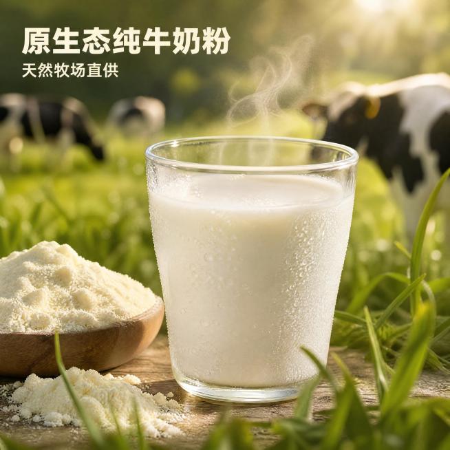 [主图-1] 原生态牛奶粉首图，展示冲泡后香浓状态
[氛围风格] 自然原生态牧场氛围
[画质] 商业摄影质感 光线柔和通透 产品清晰真实 画面干净高级
[元素] 居中展示一杯冲泡好的牛奶，杯壁凝结细密预览效果