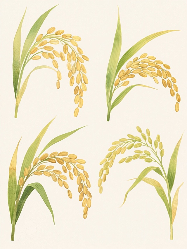 水彩风格插画，一组4个不同样式、不同材质的「水稻」造型，每个水稻穗形态各异，稻粒饱满，稻穗低垂，稻叶修长，颜色从金黄到翠绿渐变，带有水彩特有的透明晕染质感和细腻笔触，上下两行对齐排列，浅色背景，整体画面清新自然，充满生机。