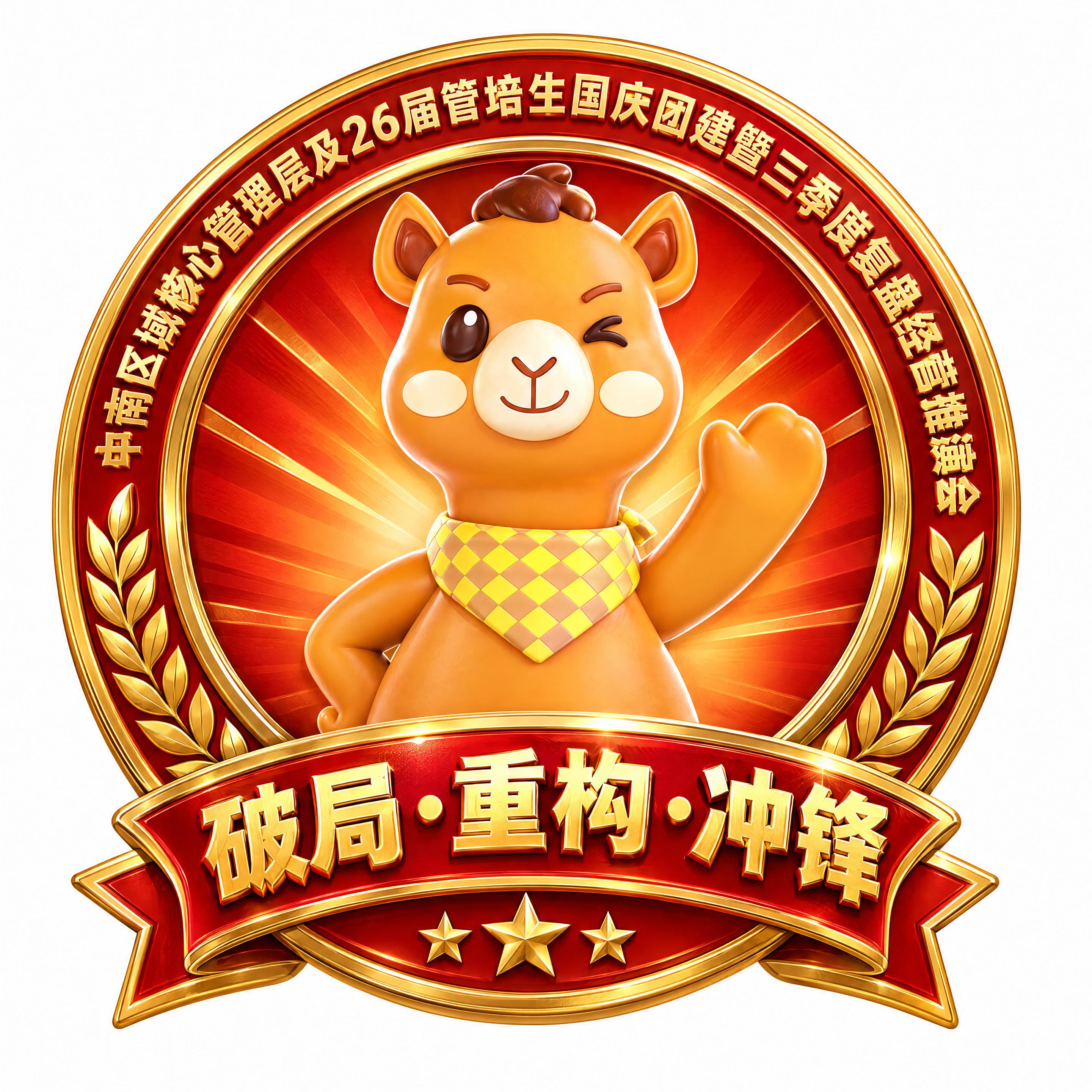 一枚精致的圆形金属勋章设计，勋章中心是这只橙色的驼小新形象（保… - 图片创意预览