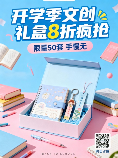 校园定制文创礼盒（含笔记本、钥匙扣、书签），促销信息“开学季8折优惠”“限量50套”，目标受众为在校大学生。生成1张促销海报，风格青春活力，包含产品实物元素、促销文案、购买二维码占位符。预览效果