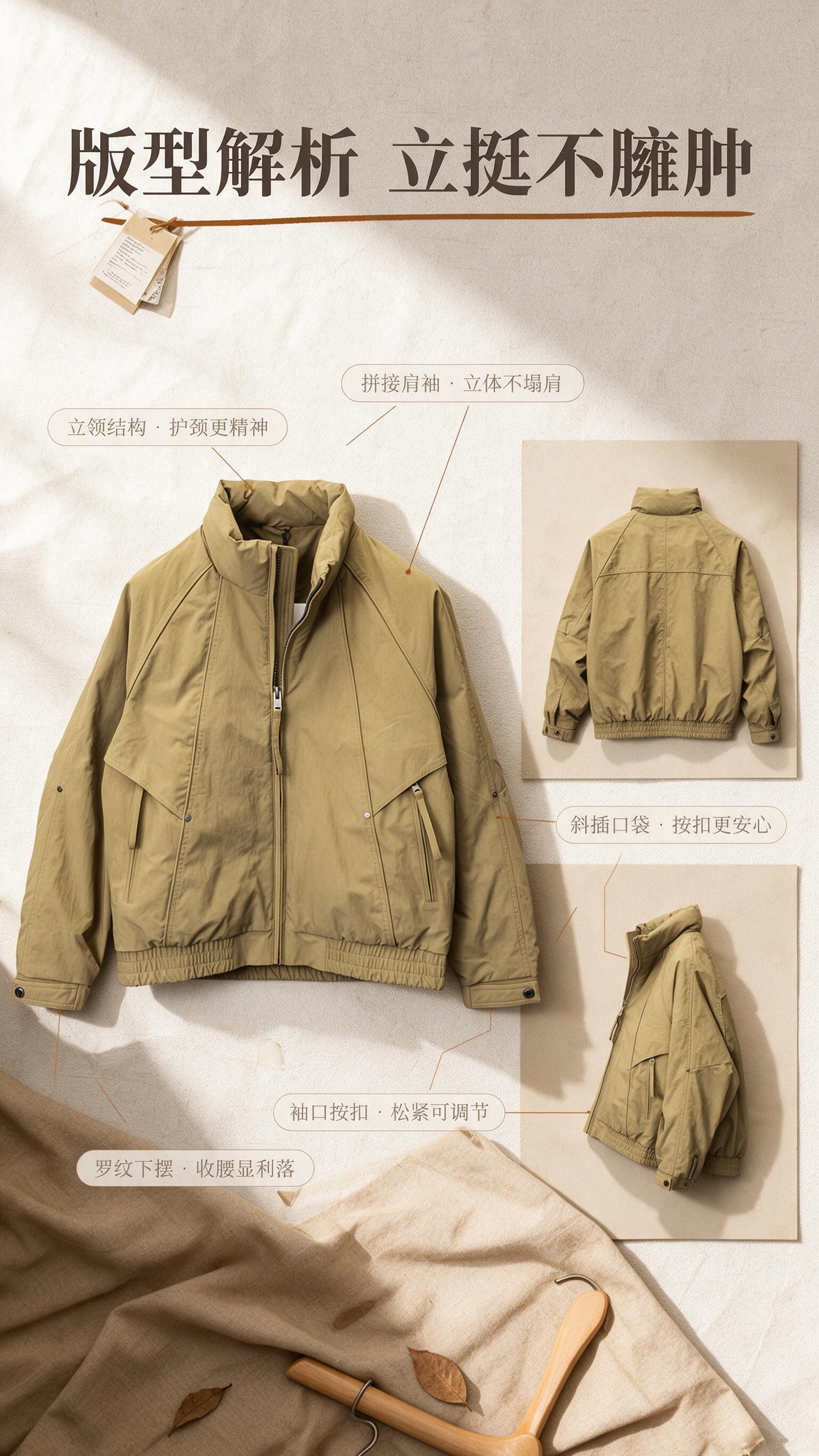 [商品] 使用【图1】卡其色立领多裁片休闲夹克外套；保留立领、… - 图片创意预览