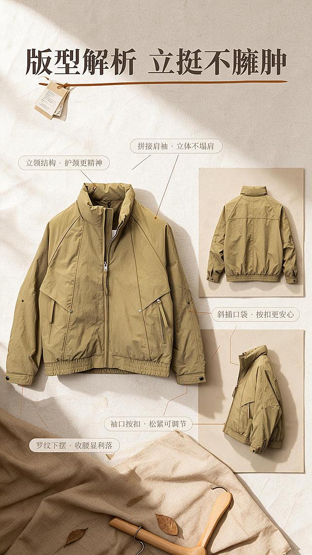 [商品] 使用【图1】卡其色立领多裁片休闲夹克外套；保留立领、金属拉链门襟、左右斜插按扣口袋、袖口按扣调节带、下摆松紧罗纹、多裁片拼接肩线、卡其原色与轻量棉质面料；商品处理：摊平后自然去除折痕与压痕，理顺轮廓与垂坠，增强面料织纹、明线缝线、按扣与拉链五金光泽，保留所有结构，不新增纽扣、标识或图案。
[标题版式] 标题置于画面上方留白区居中偏左，字号大一号，下方配一条焦糖棕细线，左侧挂一枚纸质吊牌装饰，标题字统一为中文方正粗黑方体、深炭棕。
[画面] 目标为版型与结构解析页；浅米白棉麻背景上，左侧一张正面平铺大图（视觉主导，占画面约55%），右侧上下叠放背面平铺图与侧面平铺图两张小图，形成三角稳定构图，三张均无模特、无穿着；从立领、拼接肩袖、斜插口袋、袖口按扣、罗纹下摆五处引出细线引线标签；前景放一块暖砂色棉布与木衣架、两片干叶作道具；层次为背景色块、平铺商品、引线标签三层。
[视觉] 套系策略：风格=国内电商轻户外工装风商业质感摄影；标题字=中文方正粗黑方体，字重统一加粗；正文字=细等线黑体；主色=卡其沙色；背景延展=基于卡其沙色做浅米白到暖砂到深卡其的三级深浅层级，叠加细腻棉麻织物质感与柔和投影；强调色=焦糖棕，仅用于小面积图标、引线、标签；标题色=深炭棕；正文色=中暖灰；组件=圆角浅米底信息卡、细线引线标签、纸质吊牌、虚线尺寸线；光影=左上暖调柔光，平铺衣物右侧自然落影。
[文字] 主标题横向排版「版型解析 立挺不臃肿」；五个横排引线标签「立领结构 · 护颈更精神」「拼接肩袖 · 立体不塌肩」「斜插口袋 · 按扣更安心」「袖口按扣 · 松紧可调节」「罗纹下摆 · 收腰显利落」；文字均横向排版，字号清晰可读，禁止竖排、旋转、斜排与单字竖列，不遮挡商品结构与引线落点。
[规格] 图片比例9:16竖版，2K，避免变形、错字、文字过小、竖排或斜排文字、衣物被拉长压扁、多出部件、错误结构、冷蓝／蓝灰／冷灰背景或卡片、颜色偏移、任何平台Logo与水印、二维码。