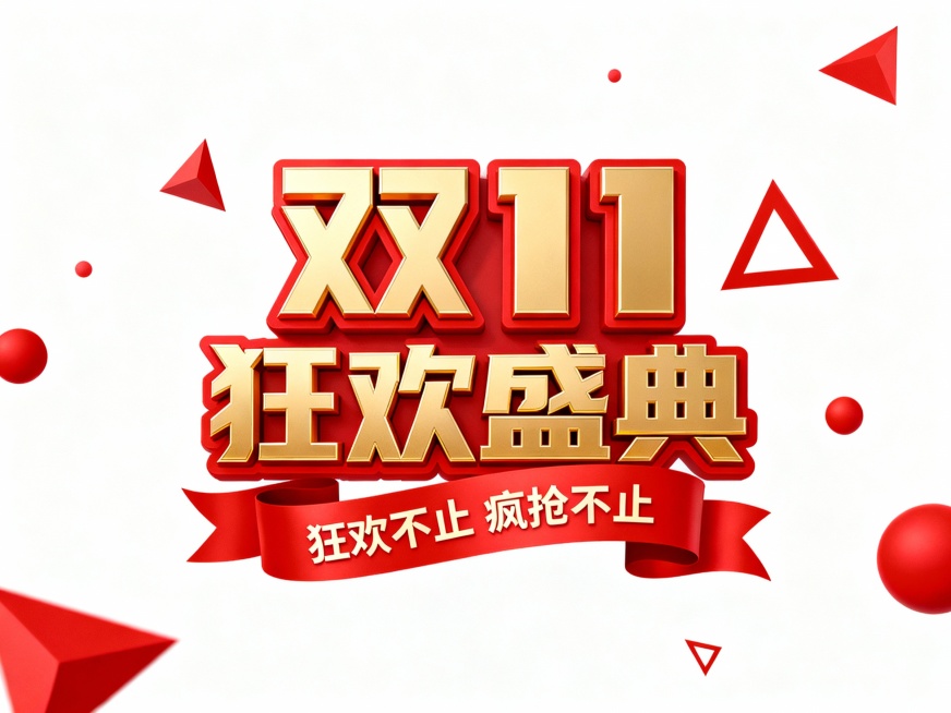 以红色为主色调的电商促销主题标题字，包含标志性的“双 11”风格几何图形，由三个立体金色矩形组合，带有红色轮廓，下方搭配金色粗体“狂欢盛典”汉字，一条红色丝带，丝带上印有“狂欢不止 疯抢不止”字样，周预览效果