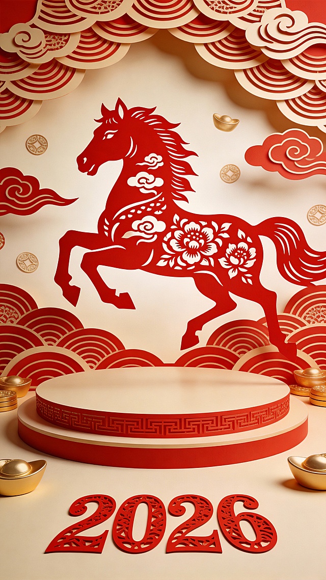 剪纸风马年主题设计，融合中式云纹与浮雕质感，红金配色凸显喜庆感，轻拟物手法呈现国潮美学，2026年节庆氛围浓厚。