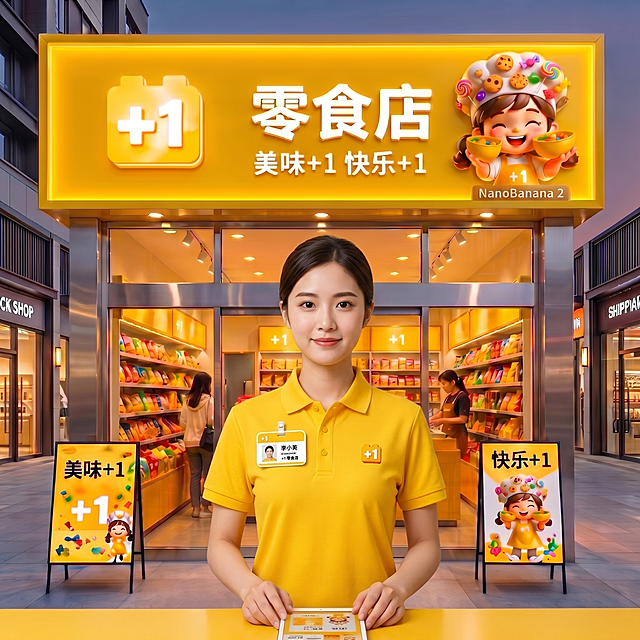 设计+1零食店员工黄色工服和胸牌，工服主体为明亮黄色，左胸口印有小尺寸乐高+1logo，胸牌为圆角矩形，带有品牌logo和员工姓名填写区域，风格干净职业化，符合品牌形象