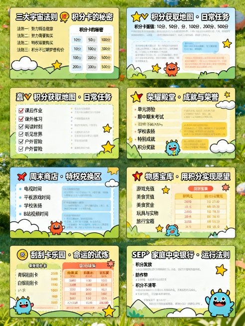 儿童积分兑换手册内页设计，包含第1到第8页的完整内容：
第1页标题"三大宇宙法则 ⚖️"，内容包含法则一努力铸造徽章、法则二特权需要购买、法则三积分不过期梦想有价
第2页标题"积分卡的秘密"，列出积分预览效果