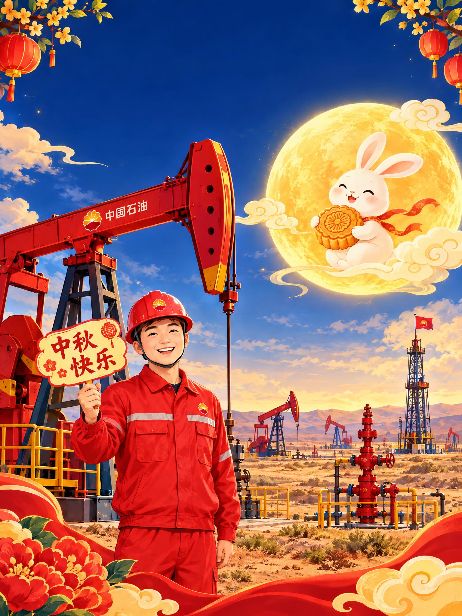 3:4竖版中秋公众号祝福贴图，画面主体为中国石油长庆油田分公司… - 图片创意预览
