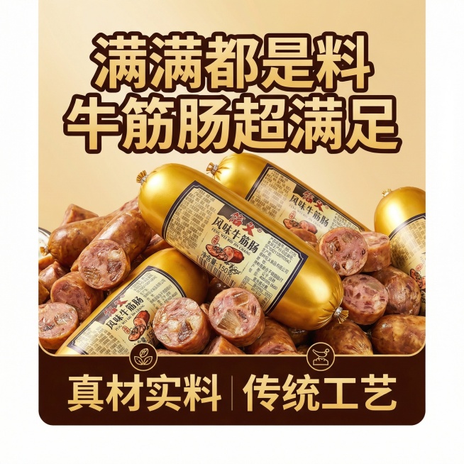 我的产品是牛筋肠，帮我做10张主图产品堆积起来突出产品多预览效果