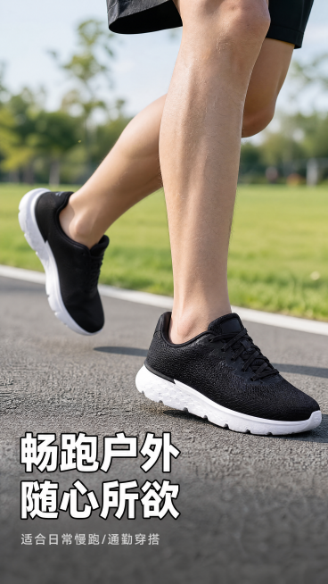 [第4屏] 本屏功能定义：跃步黑色网面运动鞋户外跑步场景展示。
[氛围/风格] 活力运动氛围感，户外场景真实感，青春阳光风格，商业摄影质感。
[元素布局] 本屏使用【图1】作为商品主体，保持鞋子结构材预览效果