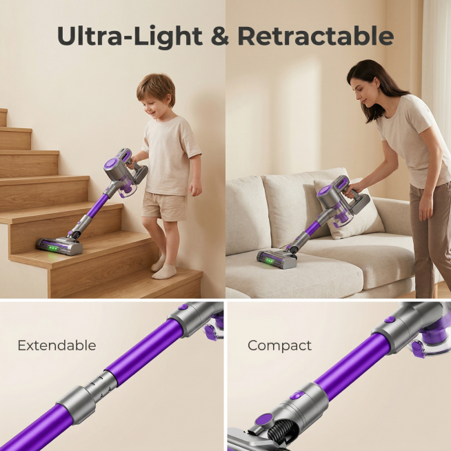 [参考风格] 舒适简约家居治愈
[主图 3] Ultra-Lightweight Design with Retractable Tube
[氛围风格] 温馨家居场景，自然暖光
[画面元素] 上下分屏预览效果