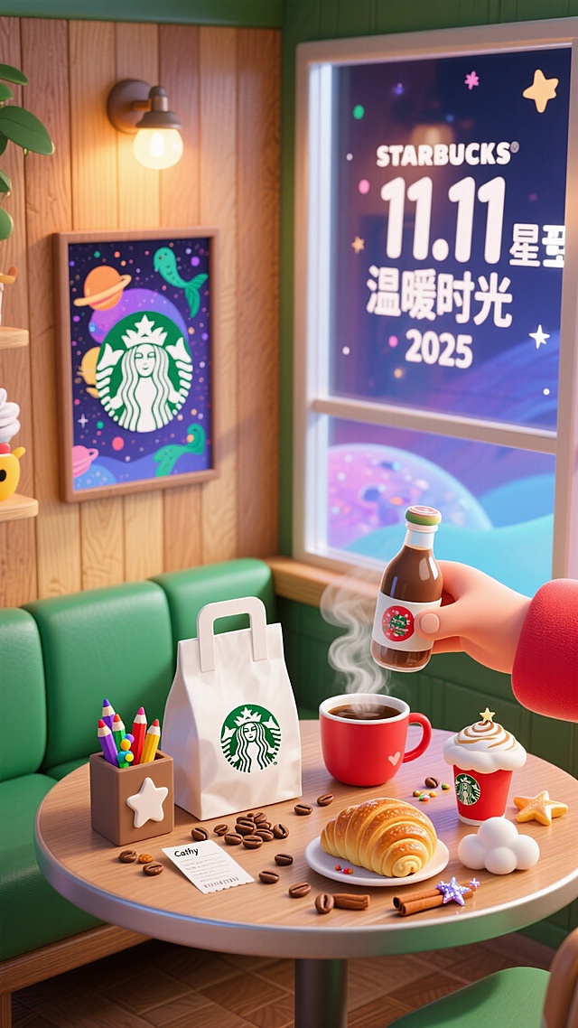 梦幻感与温馨感交织的软3D微缩艺术场景，卡通风格呈现星巴克11.11温暖时光2025主题，粘土质感搭配宇宙元素，营造可爱又治愈的节日氛围。