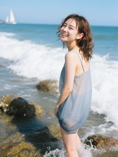 场景创意：海边礁石滩 · 被浪花突然打湿裙摆后回头大笑的瞬间
镜头定格在一张年轻女子的面部特写上，框定自发际线至锁骨上方。她站在退潮后的湿礁石上，穿一件被海风吹得贴身的浅灰蓝细纱罩衫，肩带一侧滑落，露预览效果