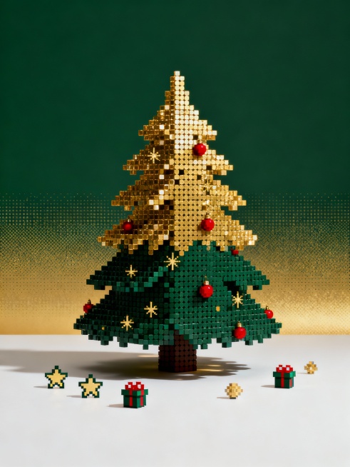 时尚极简主义风格，画面以大量留白为主（占比60%以上），构图纯净通透，聚焦核心主体。采用陈漫式光影塑造——光线柔和细腻，阴影富有层次，突出立体感的同时保持色彩对比张力。主体为一棵虚拟圣诞树，由金色与深预览效果