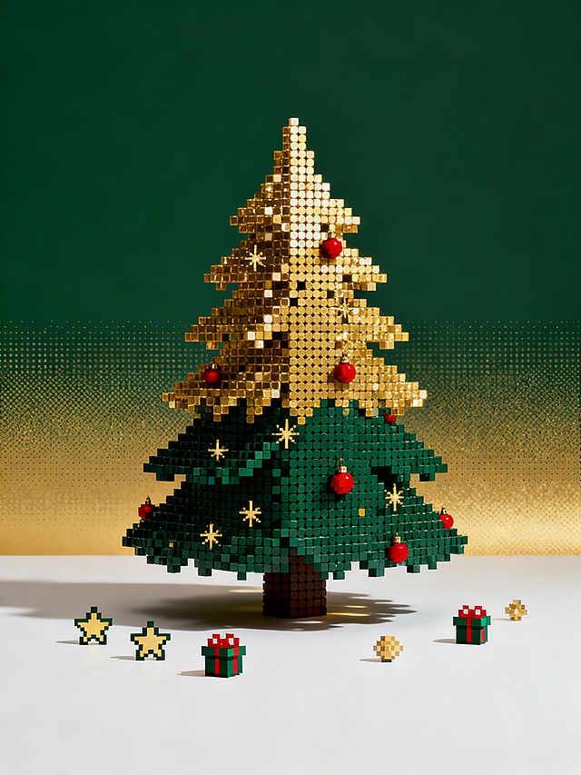 像素风圣诞树，鎏金与墨绿交织，微缩艺术感十足，金属质感点缀节日喜庆，温馨趣味兼具。