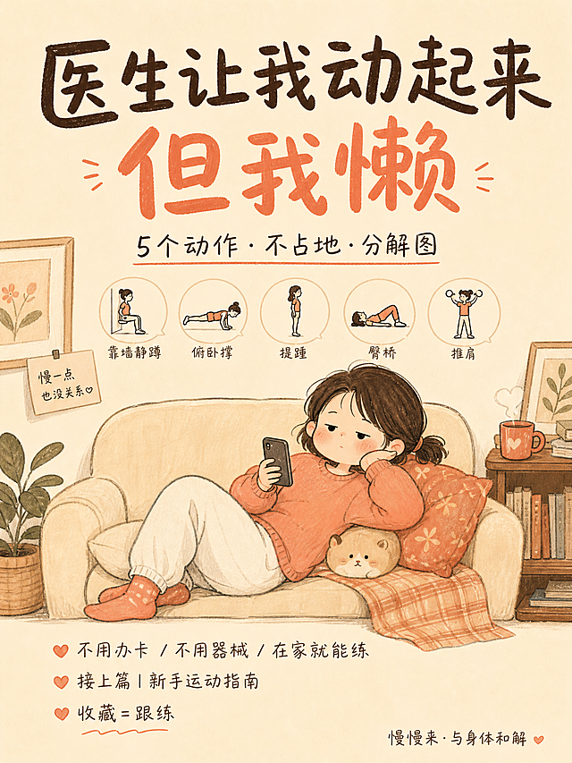 手绘插画风格，暖色调配色，米色背景+深棕线条+珊瑚橙强调色。封面图，画面占70%文字占30%。画面中央一个圆脸短发绑低马尾的女生靠在沙发上看手机，表情慵懒不想动，懒但不丧的感觉。旁边飘着5个微缩动作图标排成一排（靠墙静蹲、俯卧撑、提踵、臀桥、推肩的简笔图标）。大字标题用粗手写体：「医生让我动起来 但我懒」，其中「但我懒」三个字用珊瑚橙色，标题字体最大占封面1/3面积。副标题用细手写体：「5个动作·不占地·分解图」。底部三行小字：「不用办卡 / 不用器械 / 在家就能练」、「接上篇｜新手运动指南」、「收藏=跟练」。右下角页脚固定小字：「慢慢来·与身体和解」。整体风格温暖治愈，手写体字体，一图一重点。