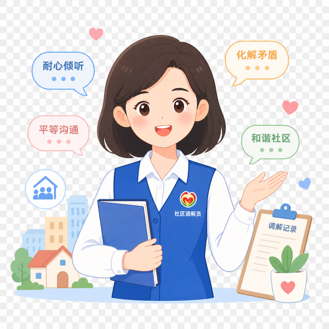 简约可爱风格的调解员插画，扁平化设计，清新浅色系配色，人物形象亲切友好，适合社区服务场景，透明背景预览效果