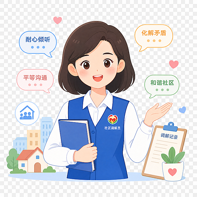 简约可爱风格的调解员插画，扁平化设计，清新浅色系配色，人物形象亲切友好，适合社区服务场景，透明背景